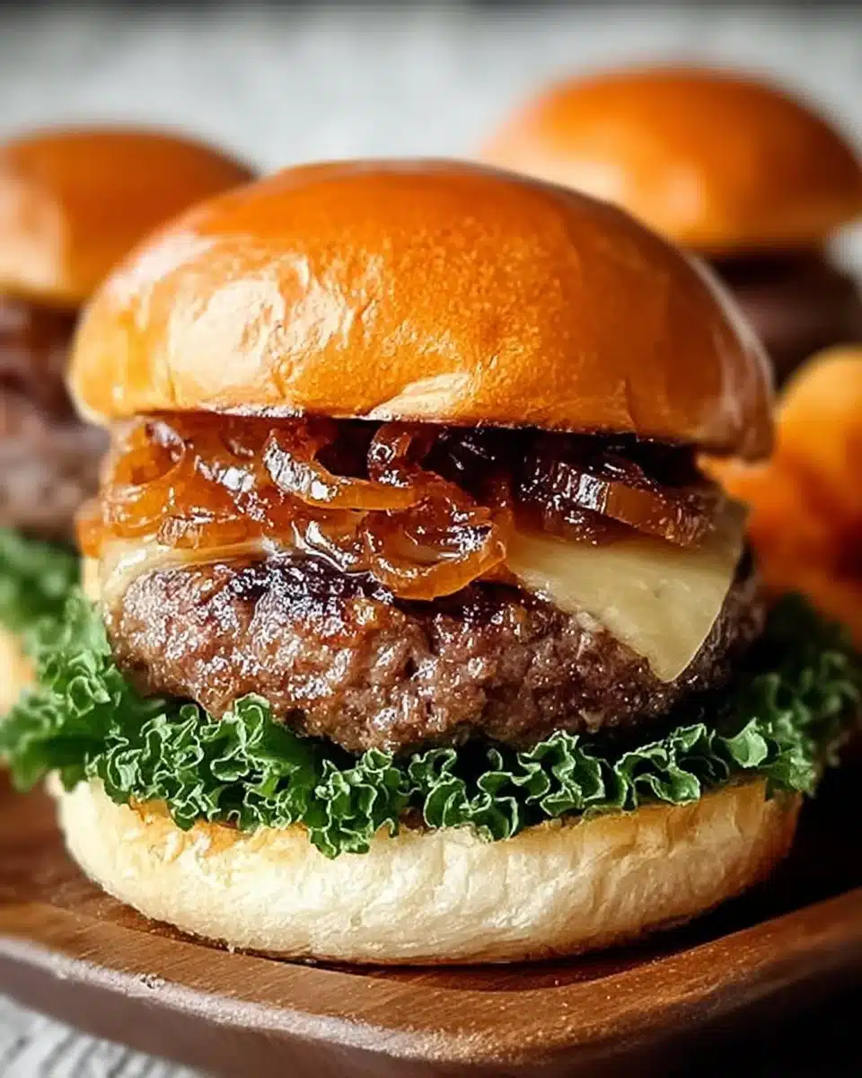 Delicious grilled burgers topped with caramelized onions on a rustic plate.