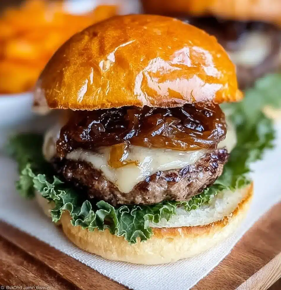 Grilled Burgers with Caramelized Onions and Balsamic Mayo
