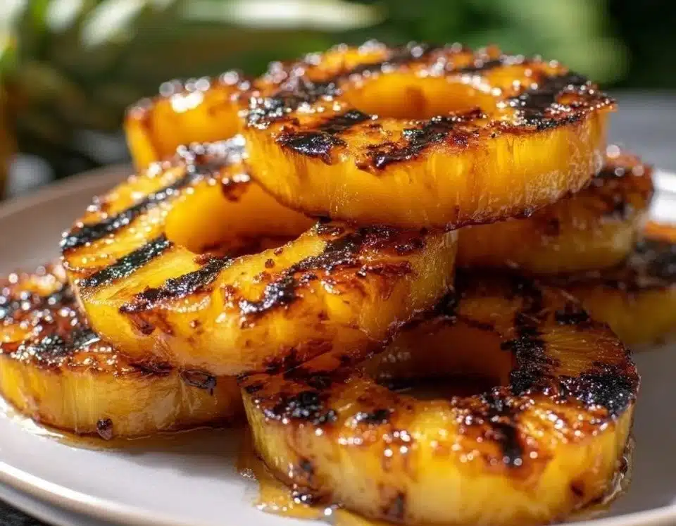 Delicious grilled honey glazed pineapple on a serving plate