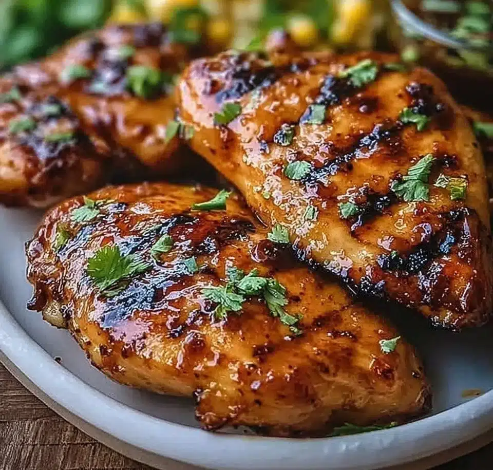 Grilled Hot Honey Chicken served with sides on a rustic wooden table