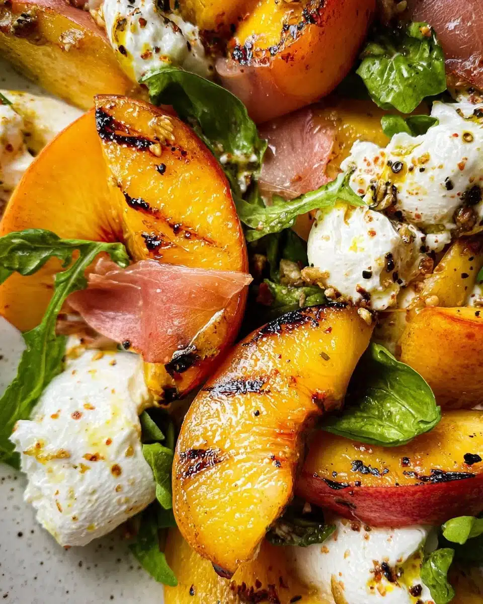 Grilled Peach and Burrata Salad with fresh greens and sliced peaches