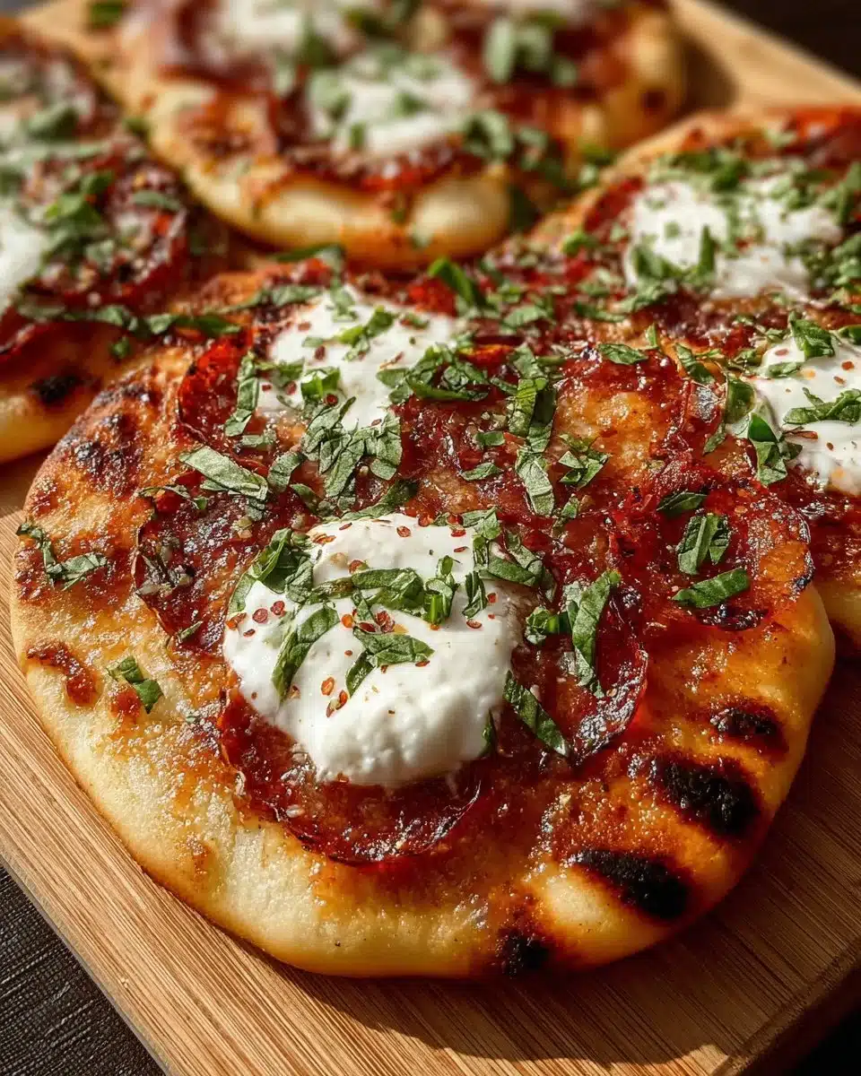 A delicious grilled pizza topped with fresh ingredients on a barbecue grill.