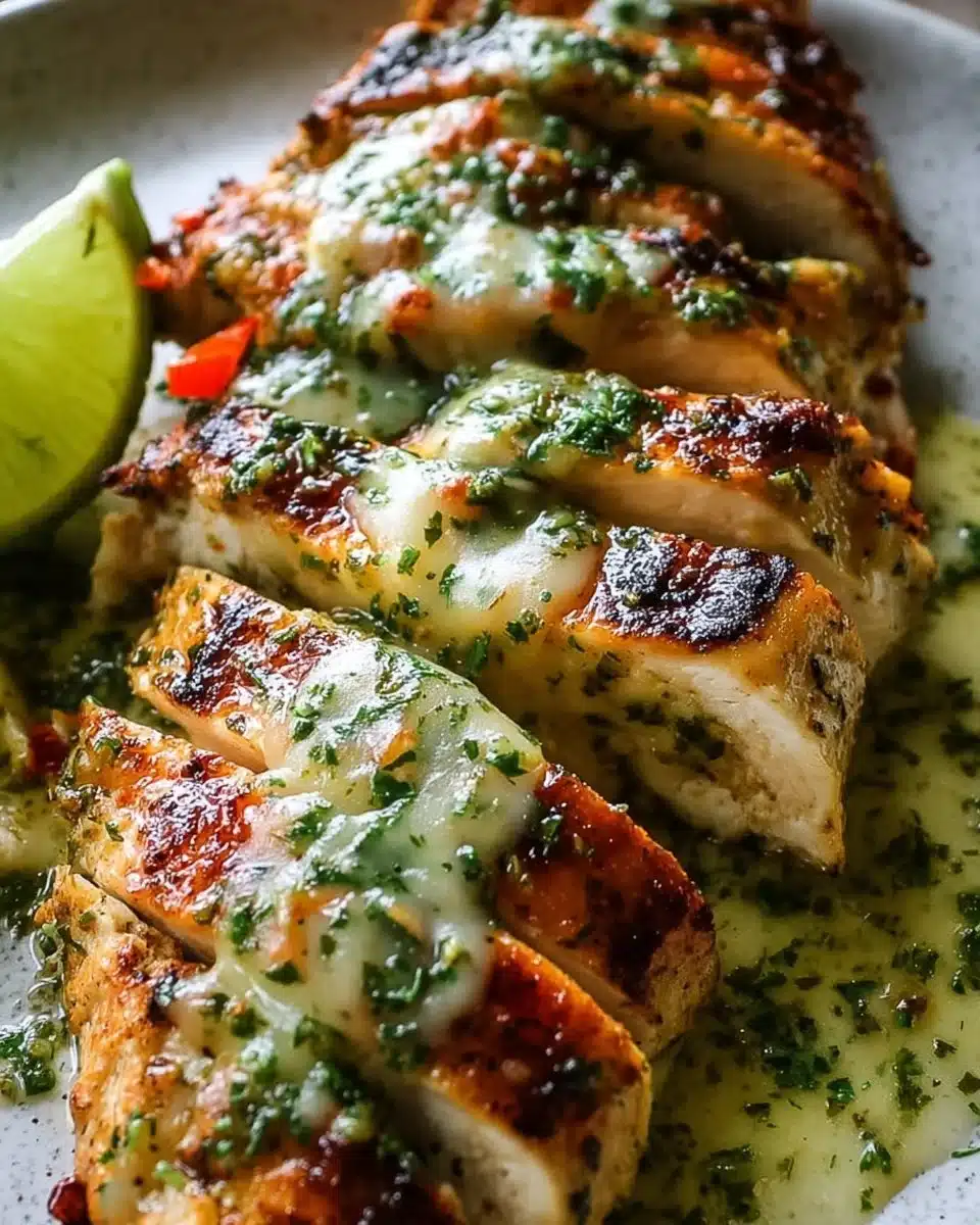Grilled Salsa Verde Chicken topped with Pepper Jack cheese on a plate