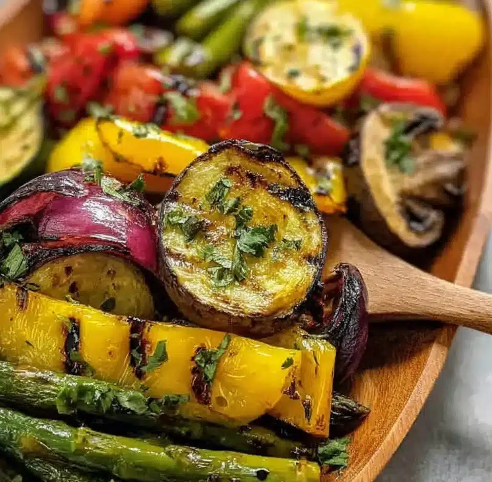 A colorful assortment of grilled vegetables including bell peppers, zucchini, and asparagus.