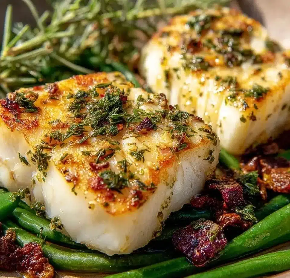 Plate of halibut with lemon garlic butter sauce garnished with herbs