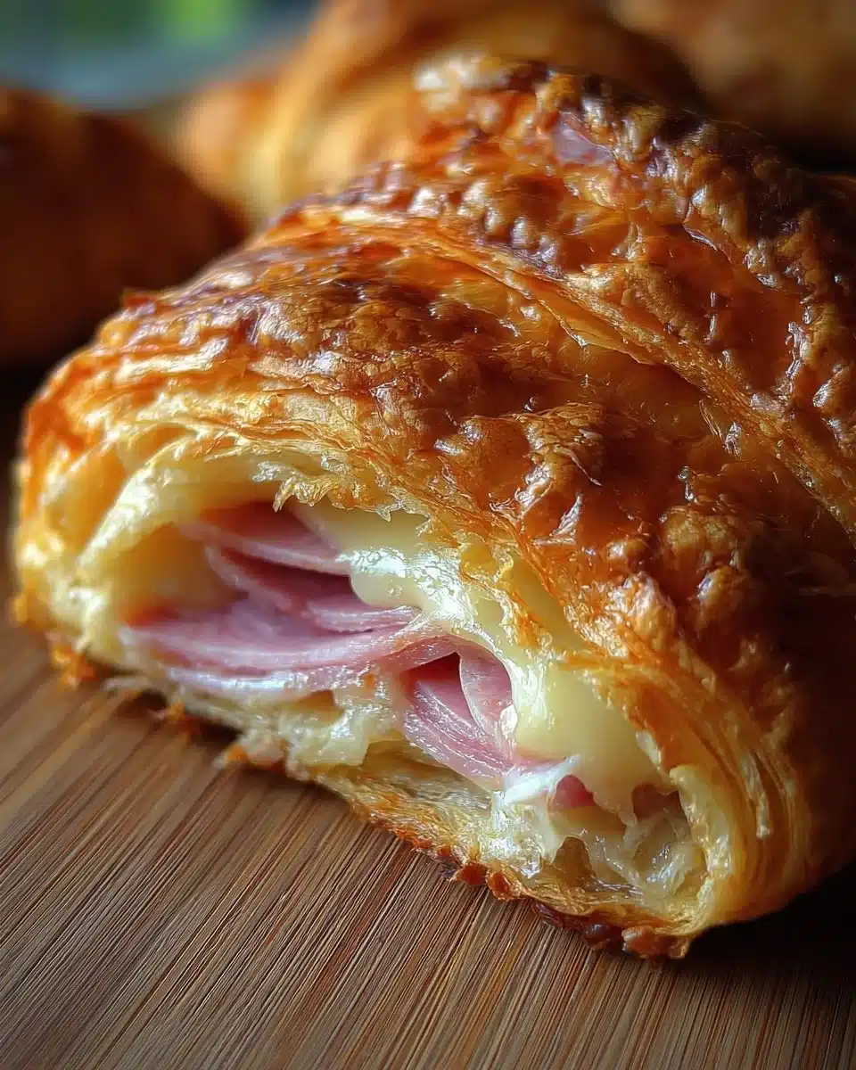 Freshly baked ham and cheese croissants served on a wooden board