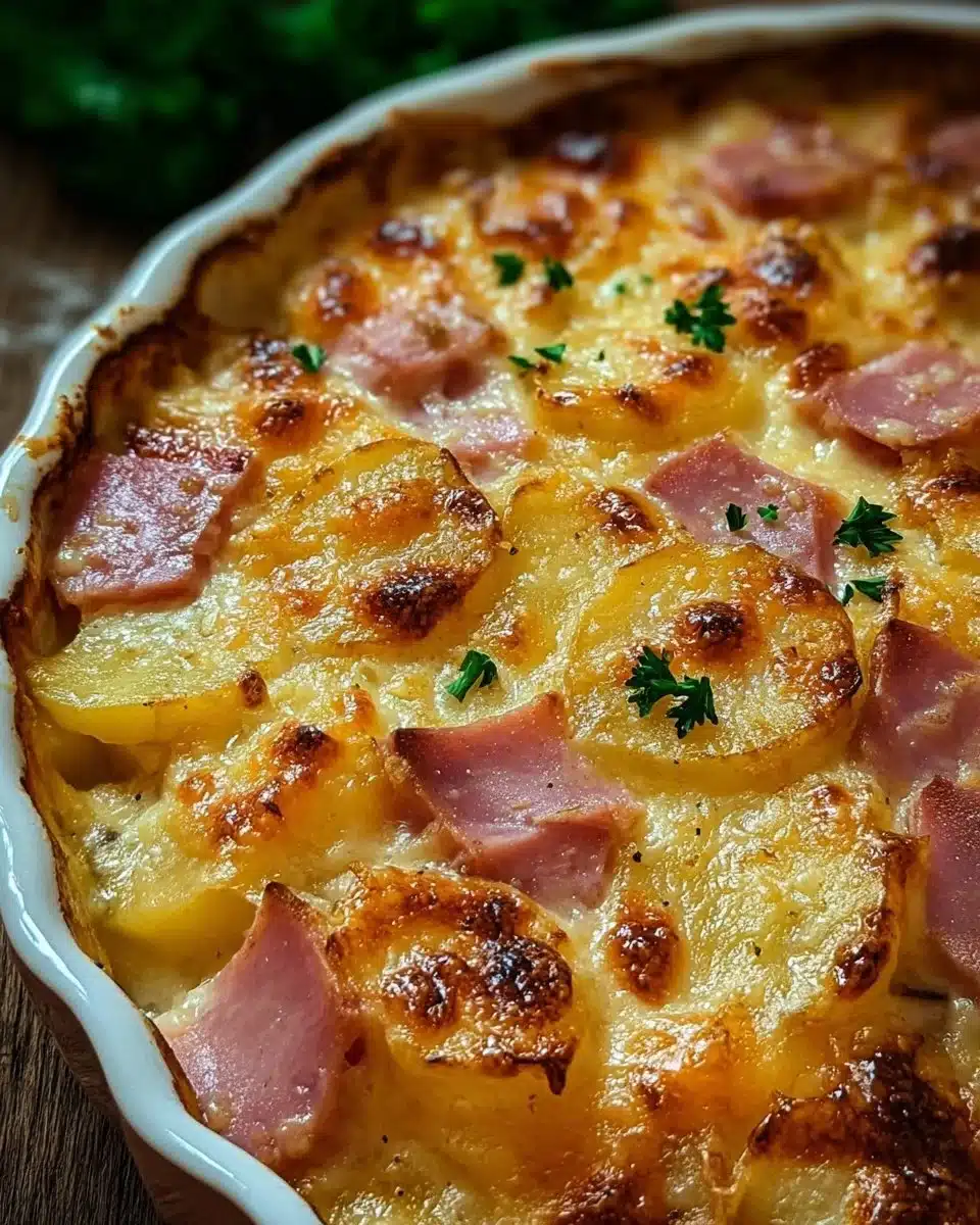 Creamy Ham and Potato Au Gratin topped with golden cheese