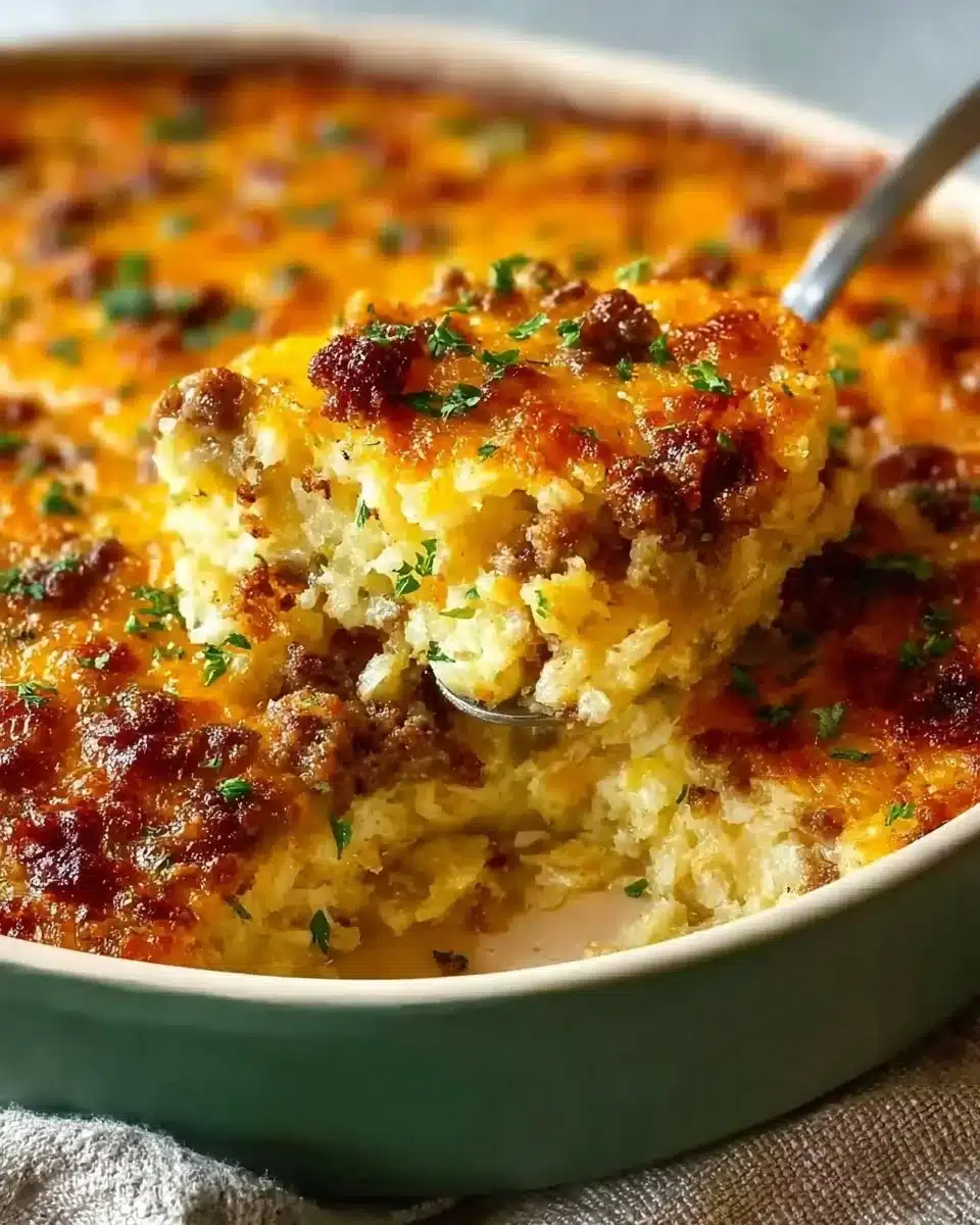 Hashbrown casserole with sausage baked until golden and crispy