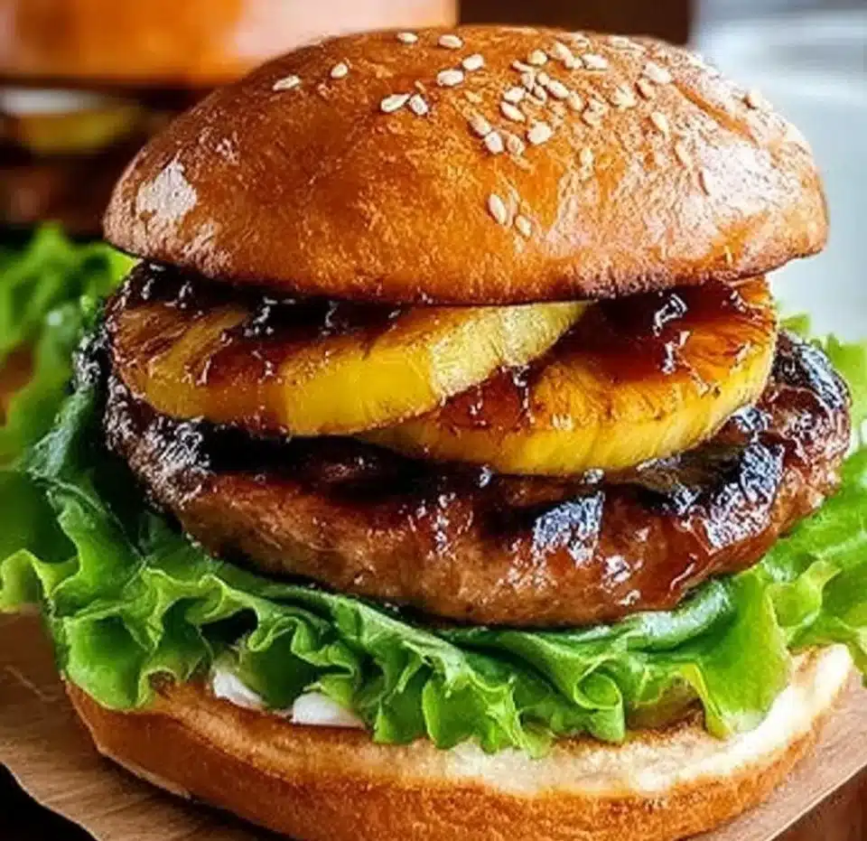 Hawaiian teriyaki pineapple burgers with grilled pineapple and savory sauce.