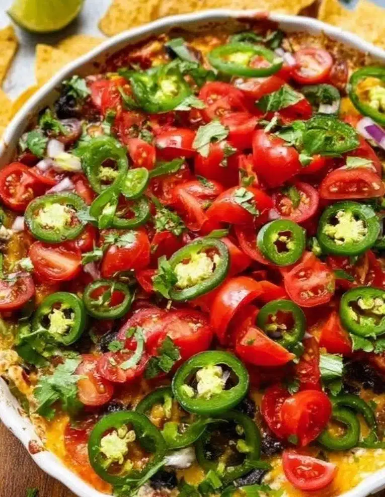 Healthy 7-layer dip with fresh ingredients served in a colorful dish
