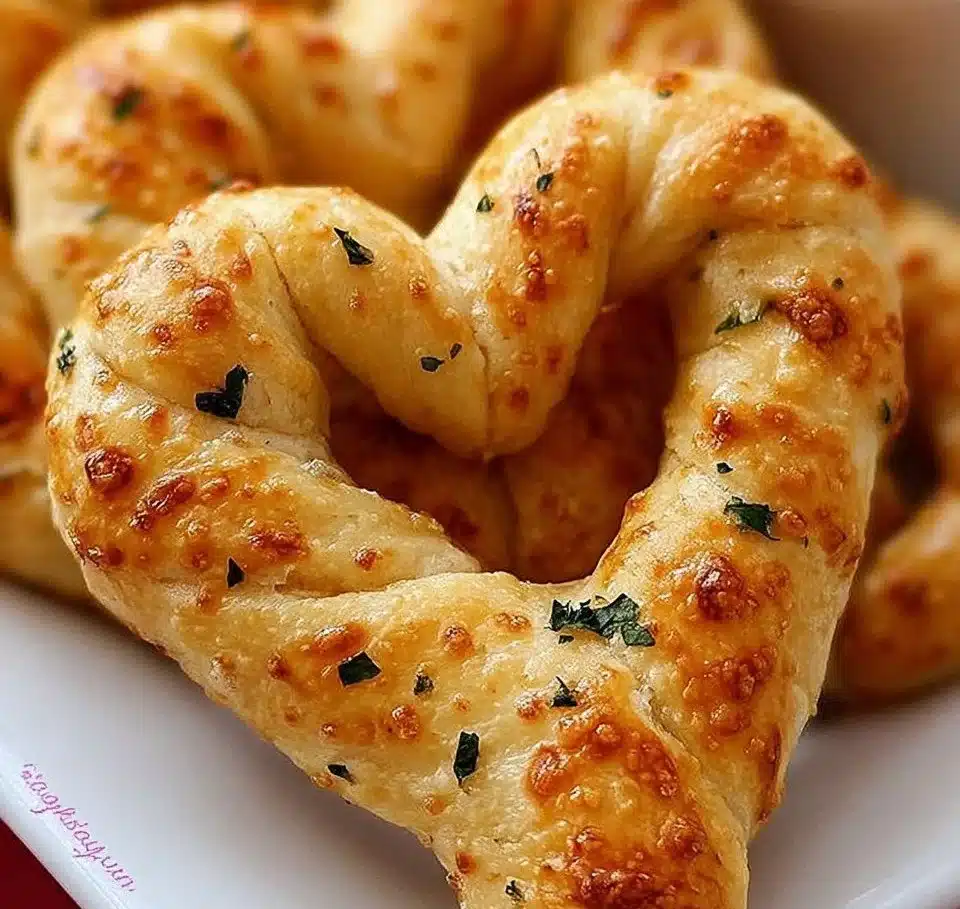Heart shaped breadsticks served on a plate for Valentine's Day dinner