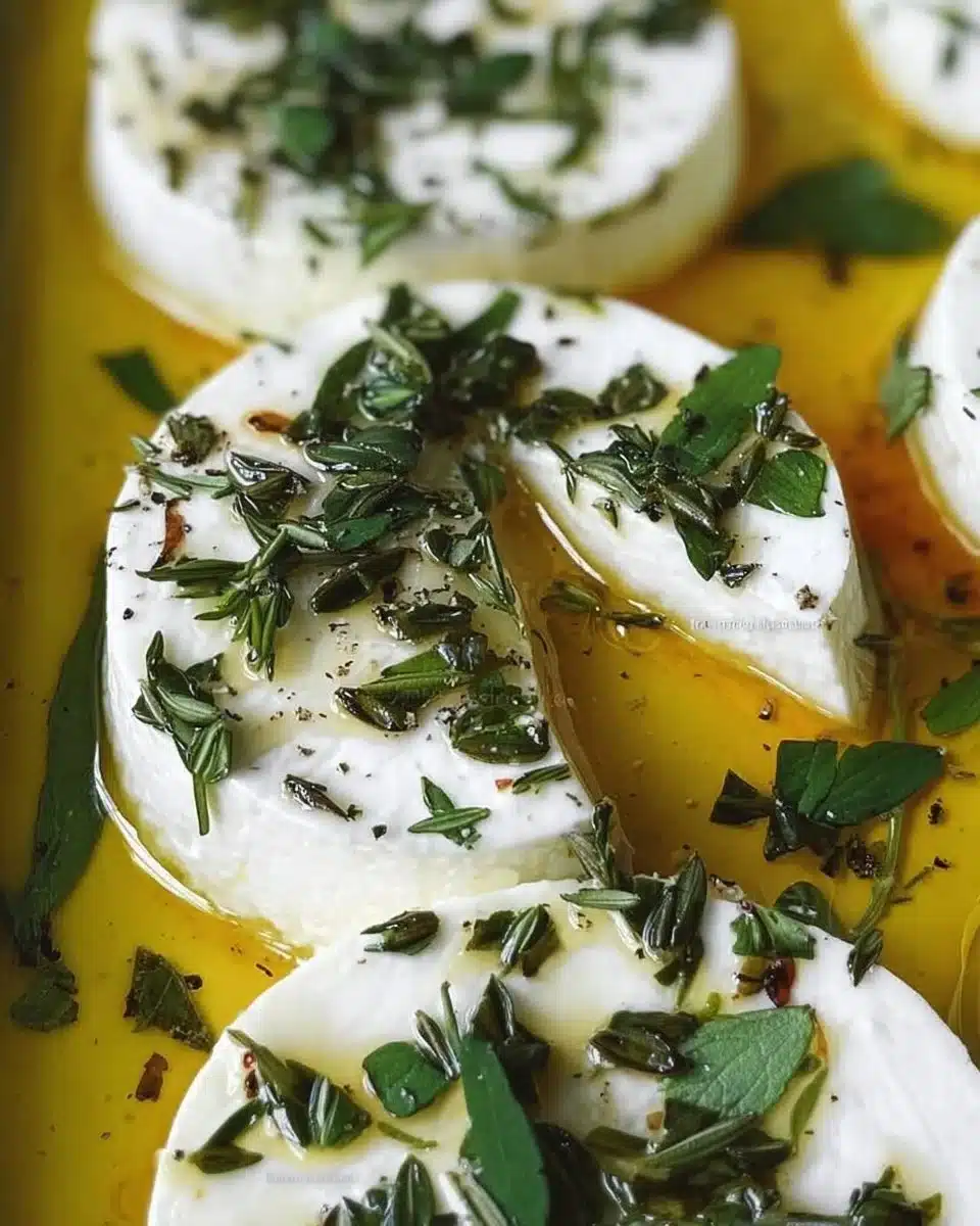Herb marinated goat cheese served with fresh herbs and spices.