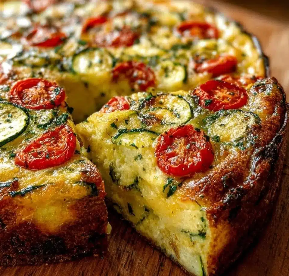 Herbed Zucchini Tomato Quiche fresh from the oven, garnished and ready to serve.