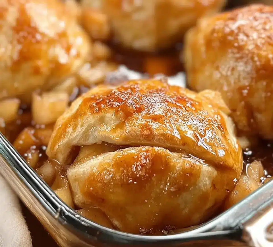 Freshly baked homemade apple dumplings served warm with cinnamon and sauce