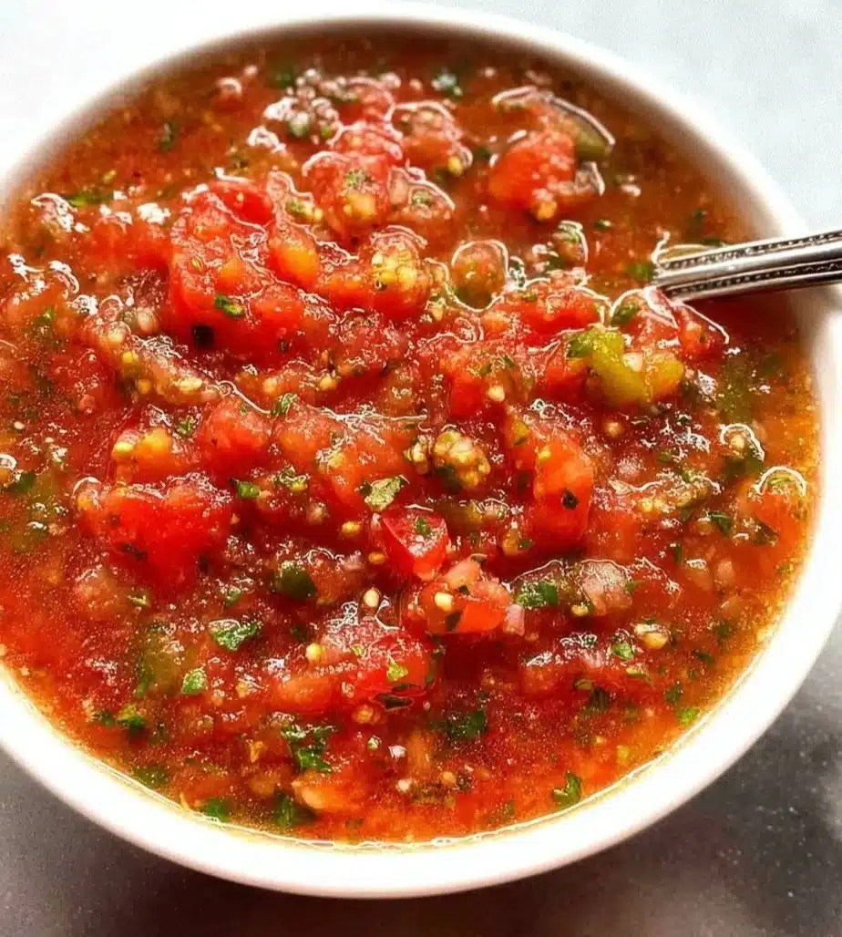 A bowl of vibrant homemade salsa made from fresh tomatoes and herbs.