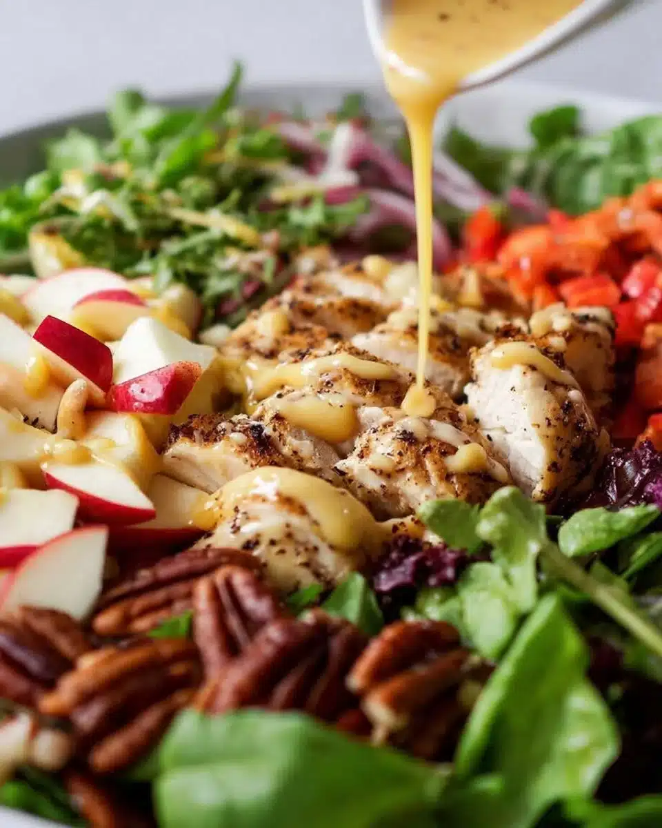 Delicious Honey Mustard Chicken Salad with fresh greens and roasted chicken.