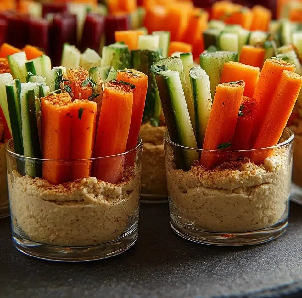 Hummus cups with fresh vegetables for a healthy snack or appetizer