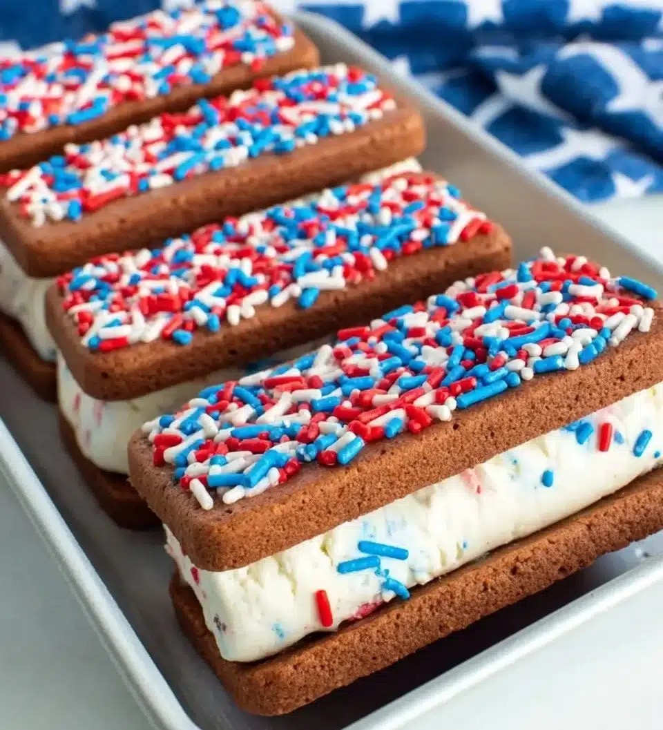 Delicious homemade ice cream sandwiches with chocolate cookies and vanilla ice cream.