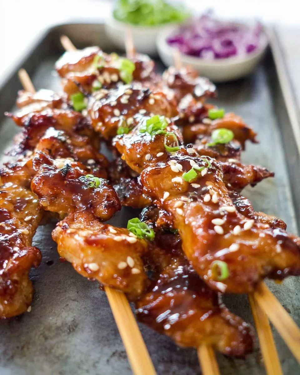 Grilled Chicken Yakitori skewers on a plate garnished with green onions.