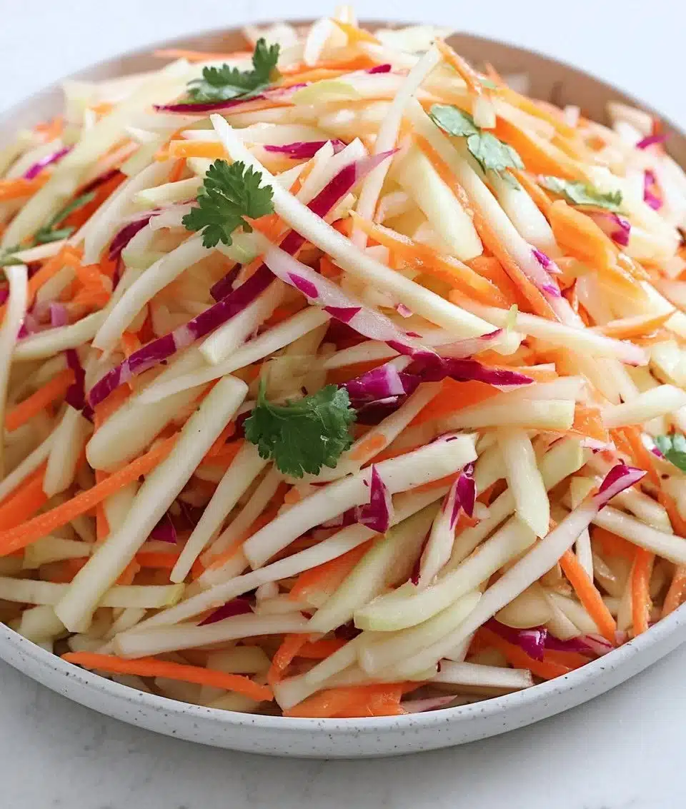Bowl of vibrant jicama slaw with lime and cilantro garnished on top