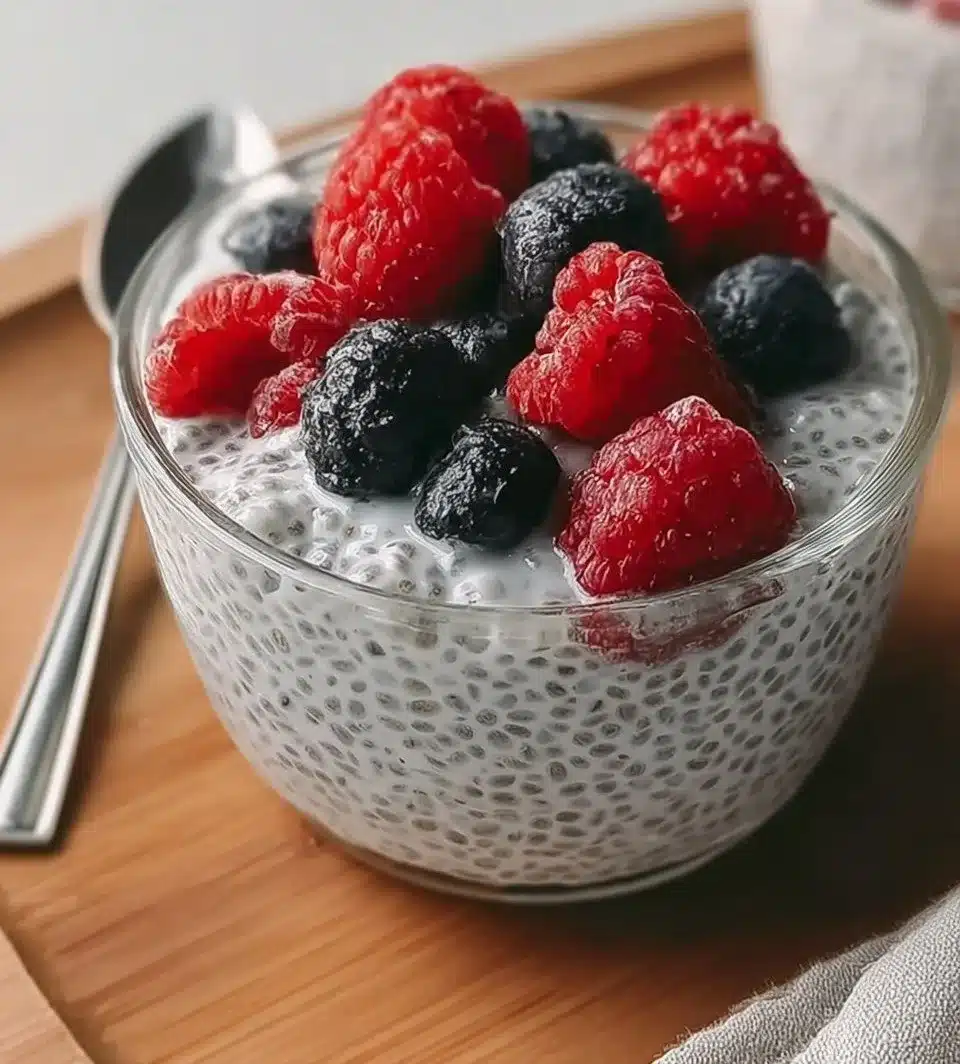 Bowl of Keto Chia Seed Pudding topped with berries and nuts