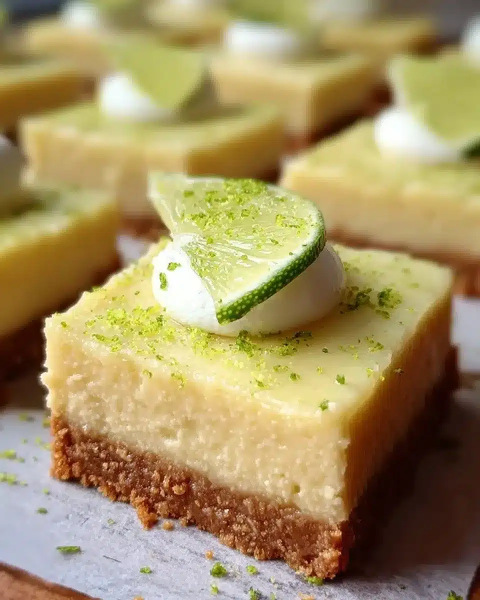 Delicious Key Lime Pie Bars garnished with lime slices on a white plate