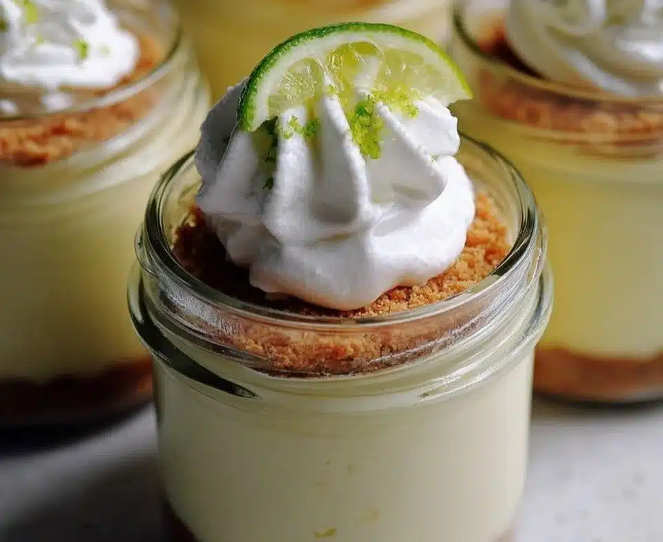 Delicious Key Lime Pie Jars dessert in a clear glass container