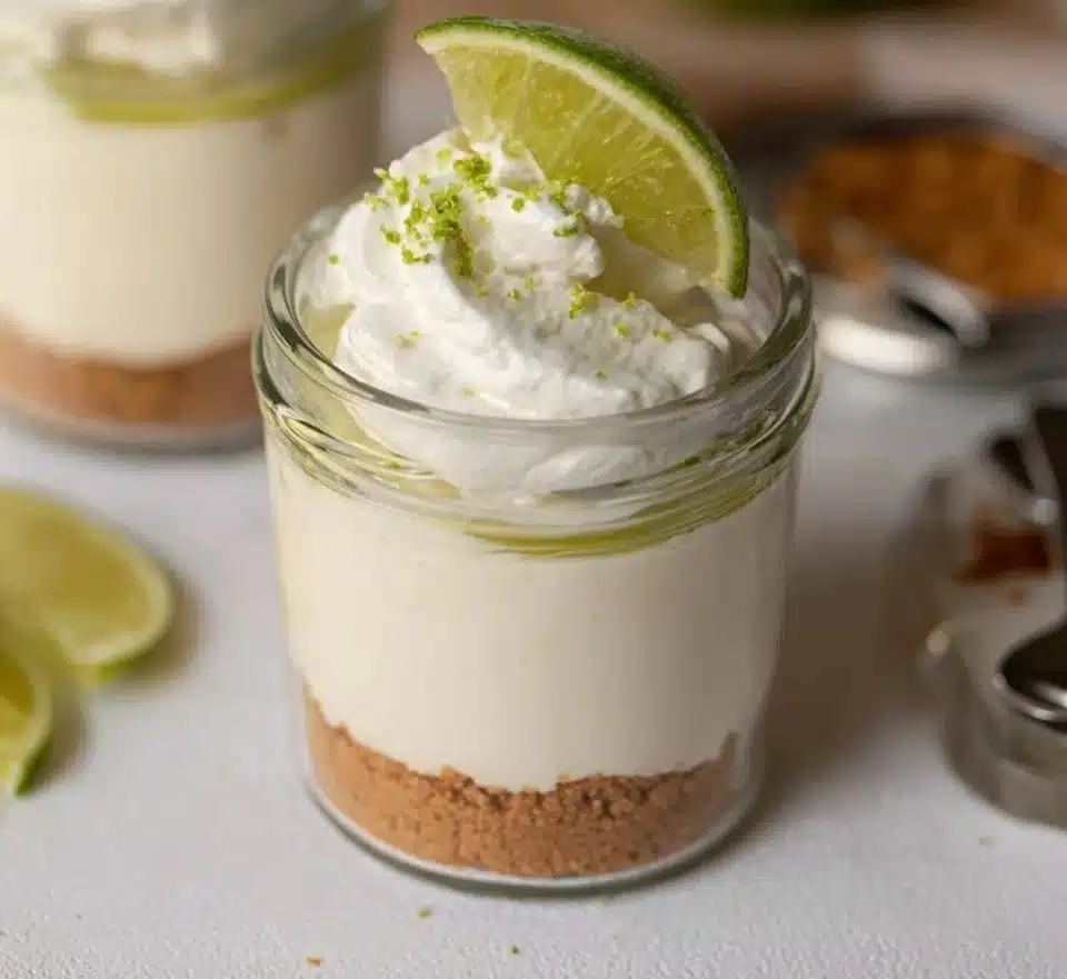 Key Lime Pie Mason Jar dessert topped with whipped cream and lime slices