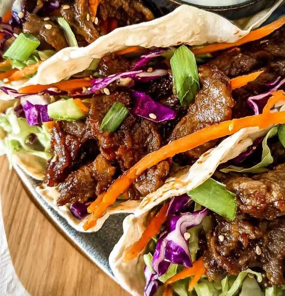Delicious Korean BBQ Beef Tacos topped with fresh ingredients and served in tortillas.