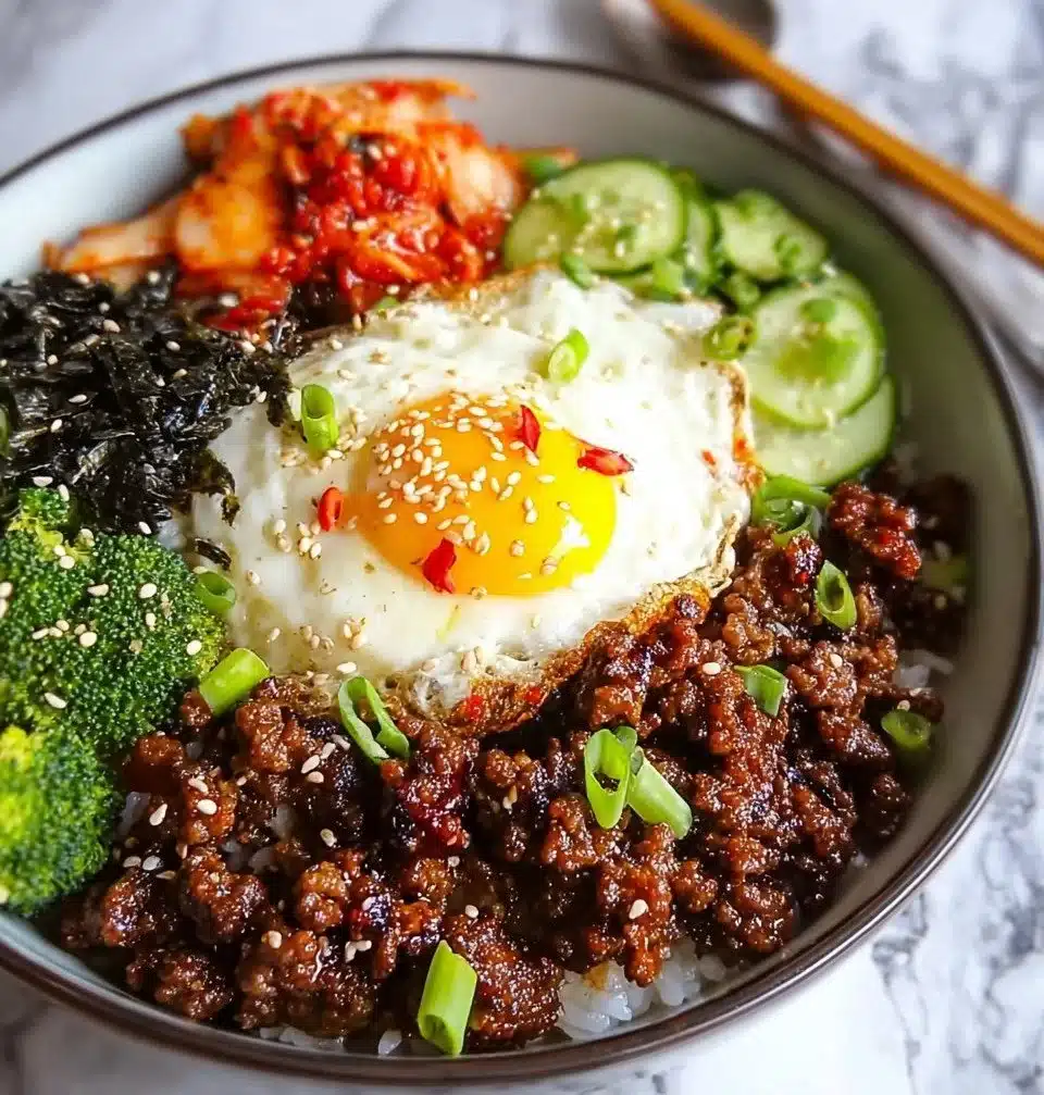 Korean Ground Beef Bowl with rice and vegetables in a bowl