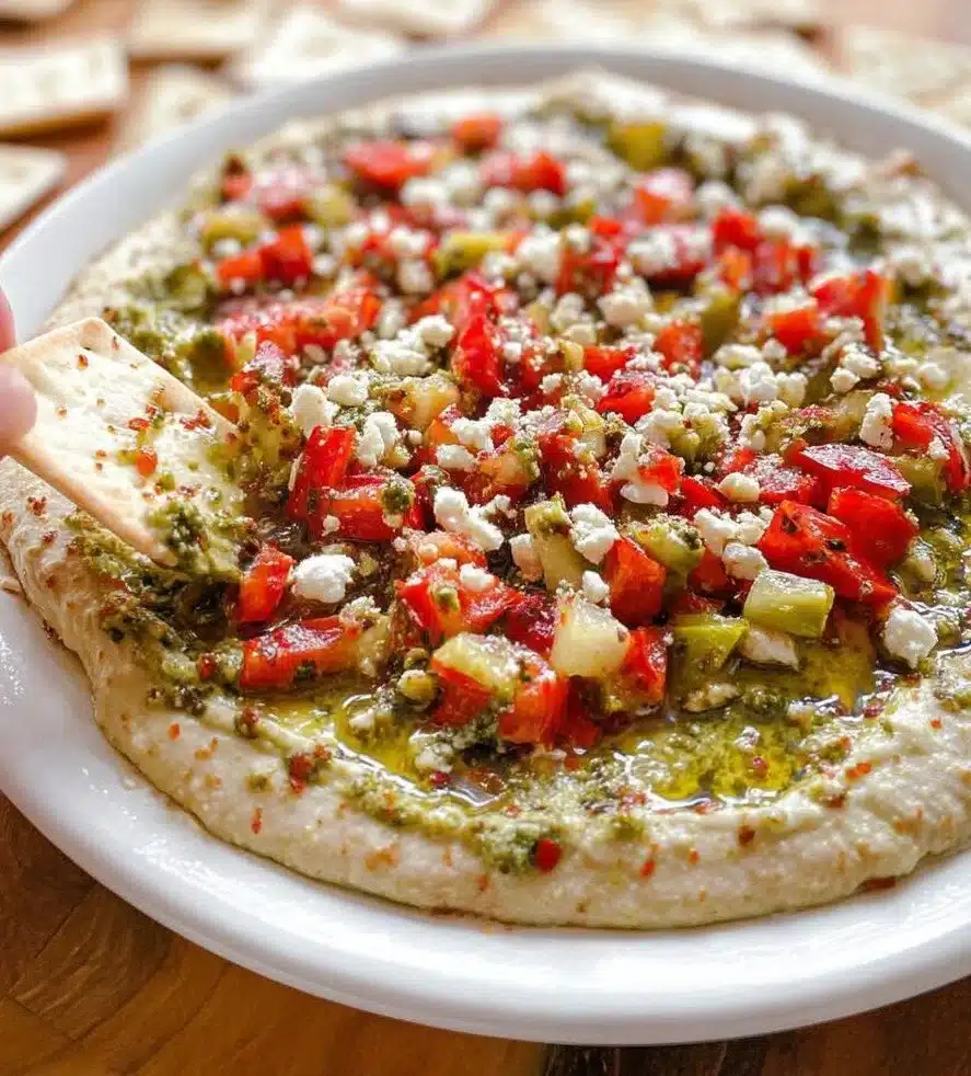 Layered pesto appetizer dip served in a bowl with fresh veggies and crackers
