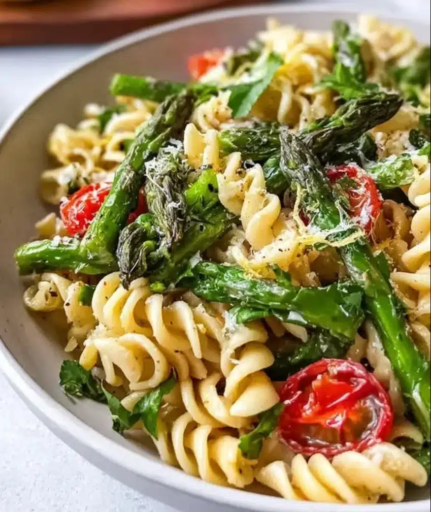 Delicious Lemon Asparagus Pasta Salad served in a bowl