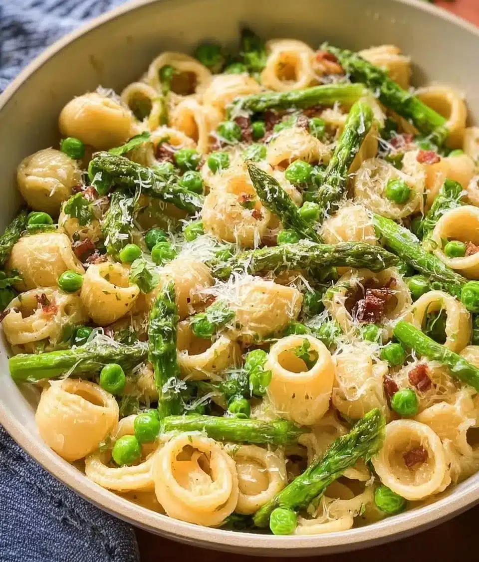 Delicious Lemon Asparagus Pasta with Peas and Parmesan served in a bowl