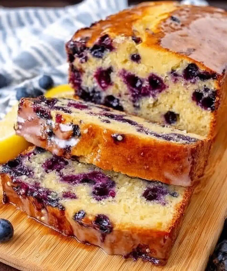 Lemon blueberry ricotta pound cake with fresh blueberries and a lemon glaze.