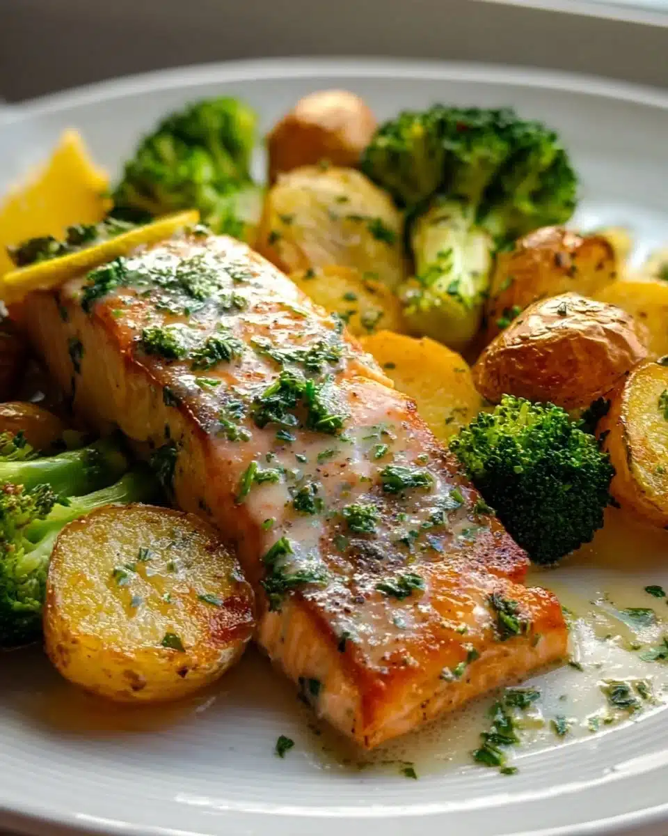 Lemon Butter Salmon served with crispy potatoes on a white plate