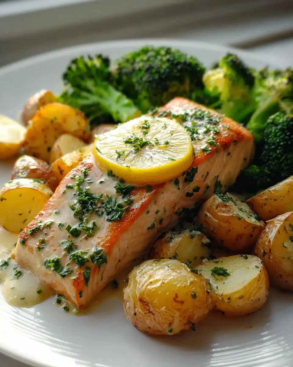 Delicious Lemon Butter Salmon with Crispy Potatoes & Broccoli