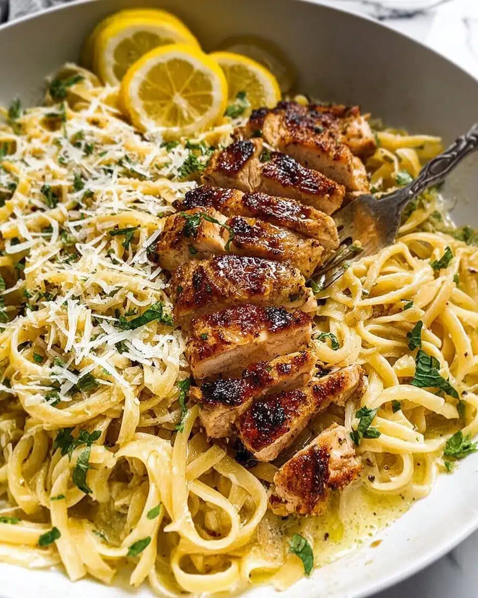 Delicious Lemon Chicken Pasta garnished with herbs and lemon slices
