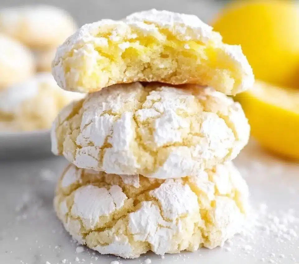 Delicious Lemon Crinkle Cookies dusted with powdered sugar on a plate