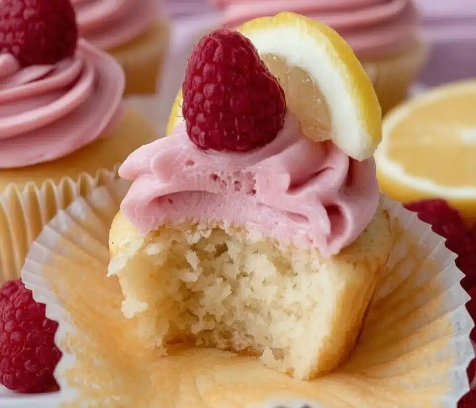 Lemon cupcakes with raspberry buttercream frosting