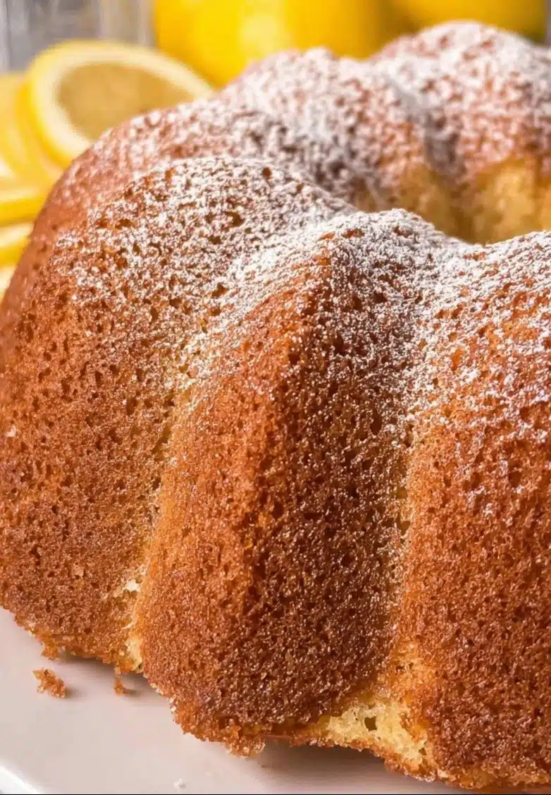A delicious lemon olive oil cake served with a lemon slice and olive oil drizzle.