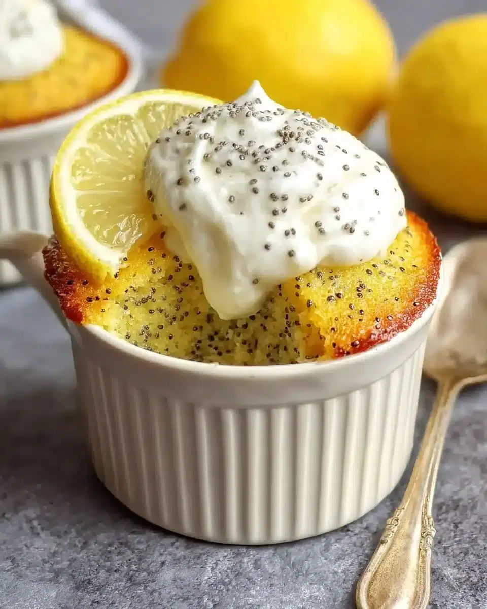 Delicious lemon poppy seed mug cake in a white ceramic mug