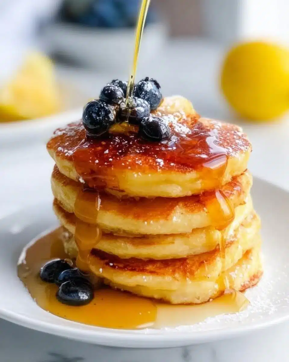 Fluffy lemon ricotta pancakes served with fresh berries and syrup