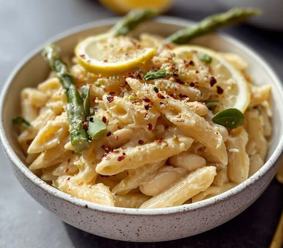 Bowl of Lemon White Bean Pasta topped with herbs and lemon slices