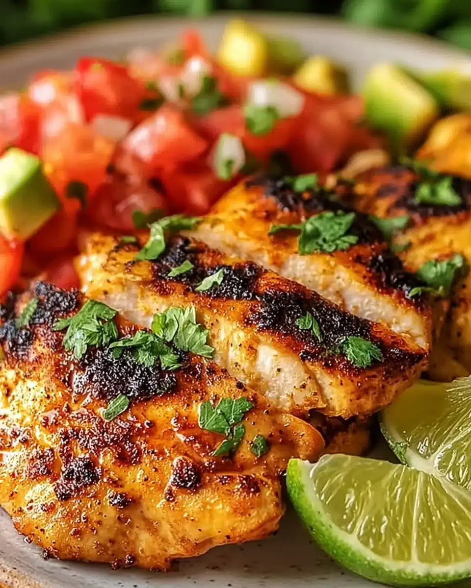 Grilled Lime Chicken served with fresh herbs and lime slices