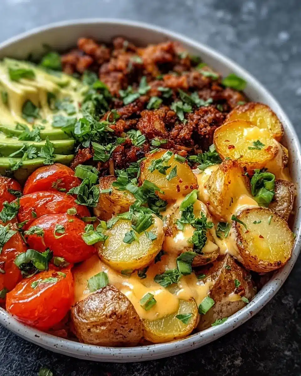 Loaded Fiesta Potato Bowls topped with fresh ingredients and vibrant colors