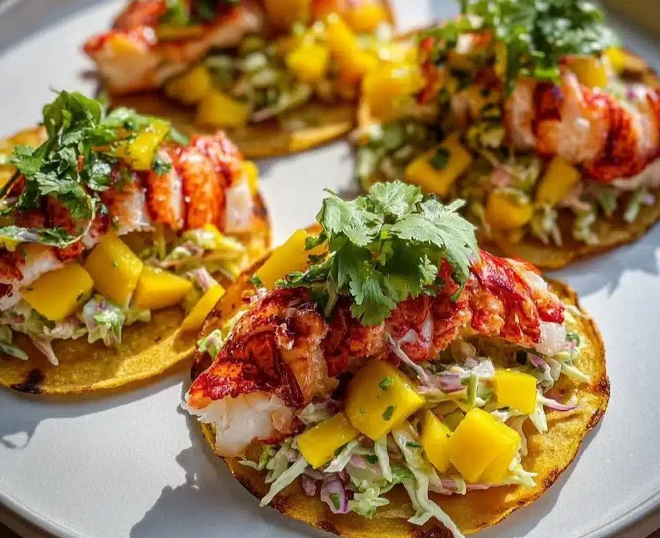 Lobster tail tacos garnished with colorful mango slaw on a plate