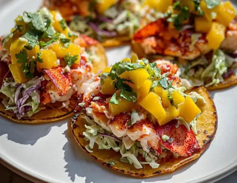 Lobster Tail Tacos with Mango Slaw