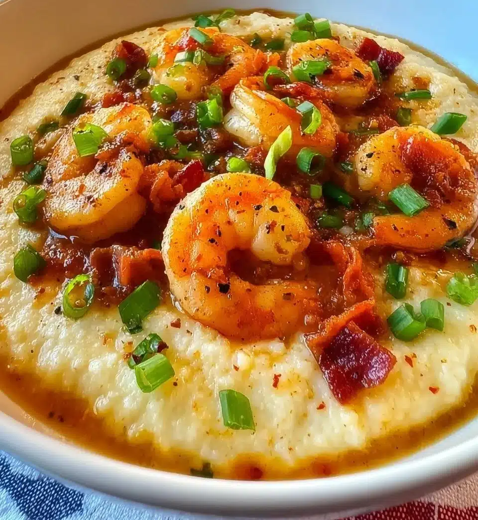 Delicious bowl of Louisiana shrimp and grits garnished with herbs