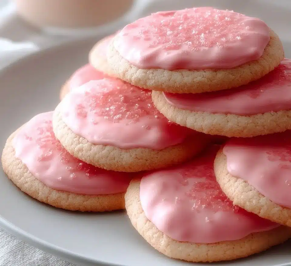 Lychee rose cookies on a plate decorated with rose petals and lychee fruit.