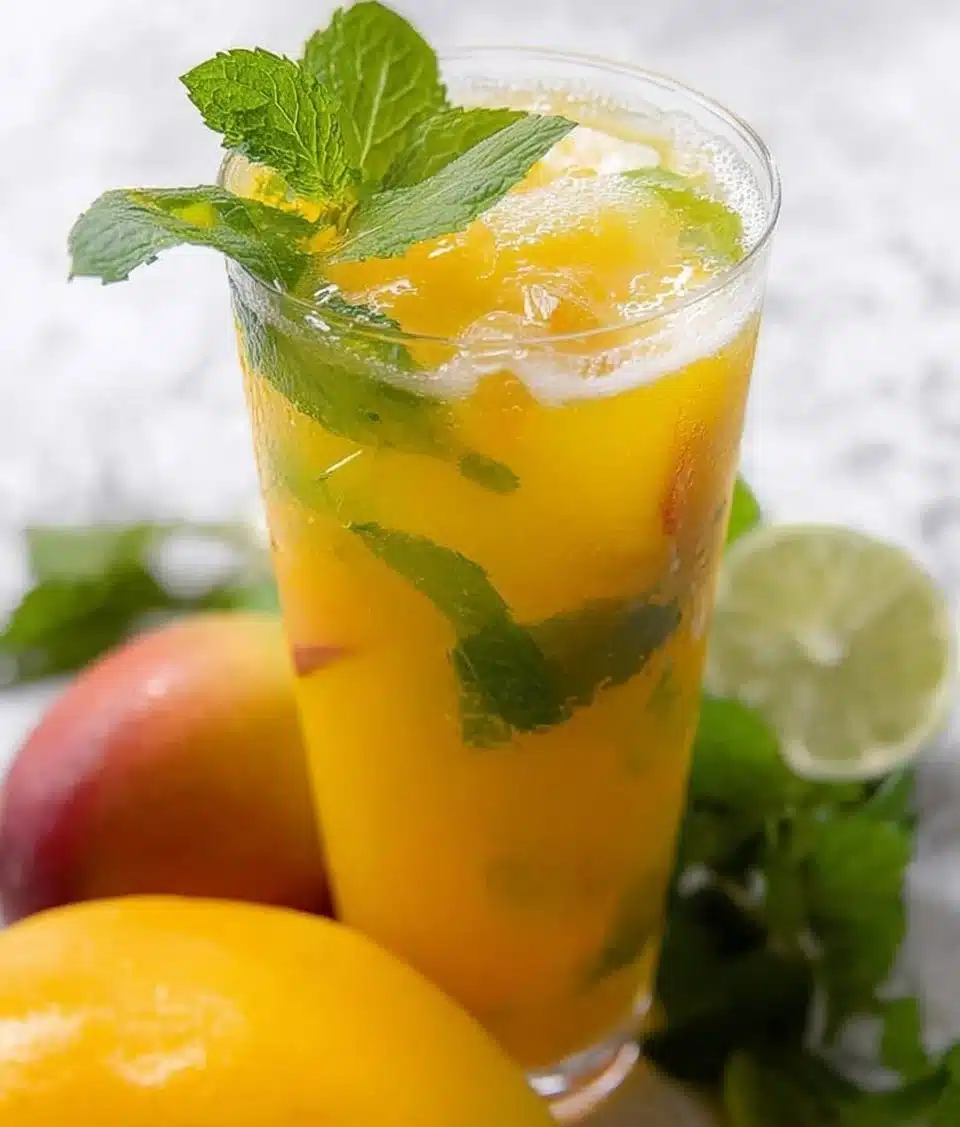 Chilled Mango Mojitos garnished with mint leaves and lime slices